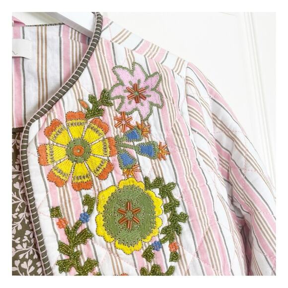 Boden Embroidered Striped Quilted Jacket Crop Length Beaded Pink White Sz XS - Picture 6 of 13